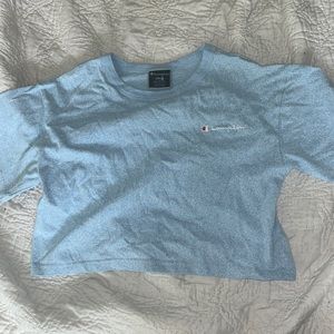 Light blue cropped Champion brand shirt, size small.